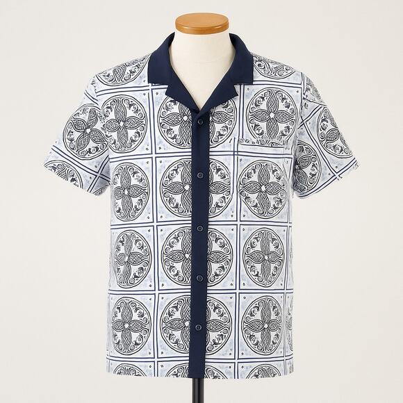 Soul Star Goodman Tile Print Button Shirt Mens M Short Sleeve Navy Collar Casual - Picture 1 of 9